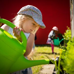 Ein M&auml;dchen gie&szlig;t Kr&auml;uter mit einer gro&szlig;en, gr&uuml;nen Gie&szlig;kanne.